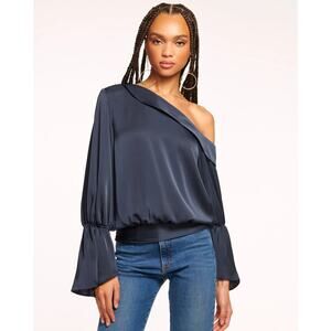 Ramy Brook Sammy Blouse Small Black One Shoulder Satin Charmeuse